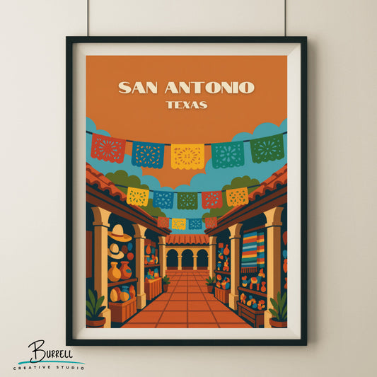 San Antonio Texas Historic Market Square Travel Poster & Wall Art Poster Print