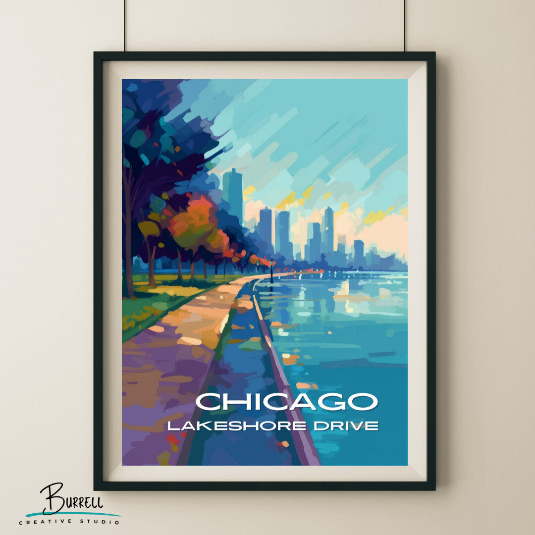 Chicago Illinois Lakeshore Drive Walking Path Travel Poster & Wall Art Poster Print