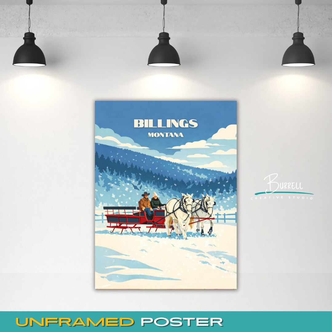 Billings Montana Winter Horse Sleigh Rides Travel Posters & Wall Art Poster Print