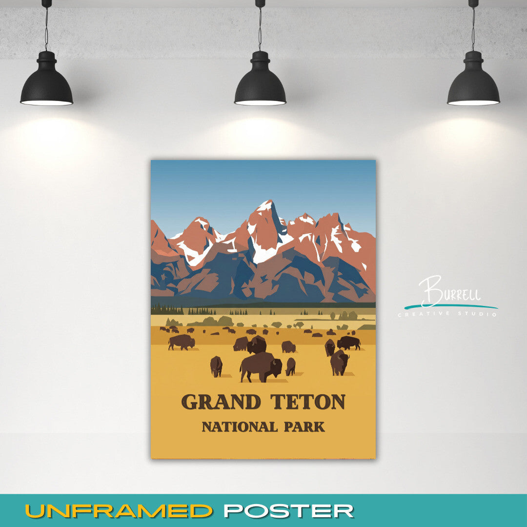 Grand Teton National Park Wyoming Bison Watching Travel Posters & Wall Art Poster Print