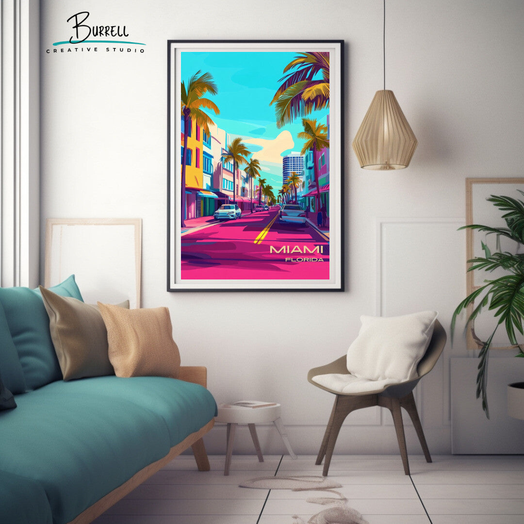 Miami Florida Ocean Drive Travel Poster & Wall Art Poster Print