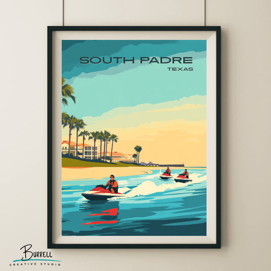 South Padre Texas Tourist Jet Skiing Travel Poster & Wall Art Poster Print