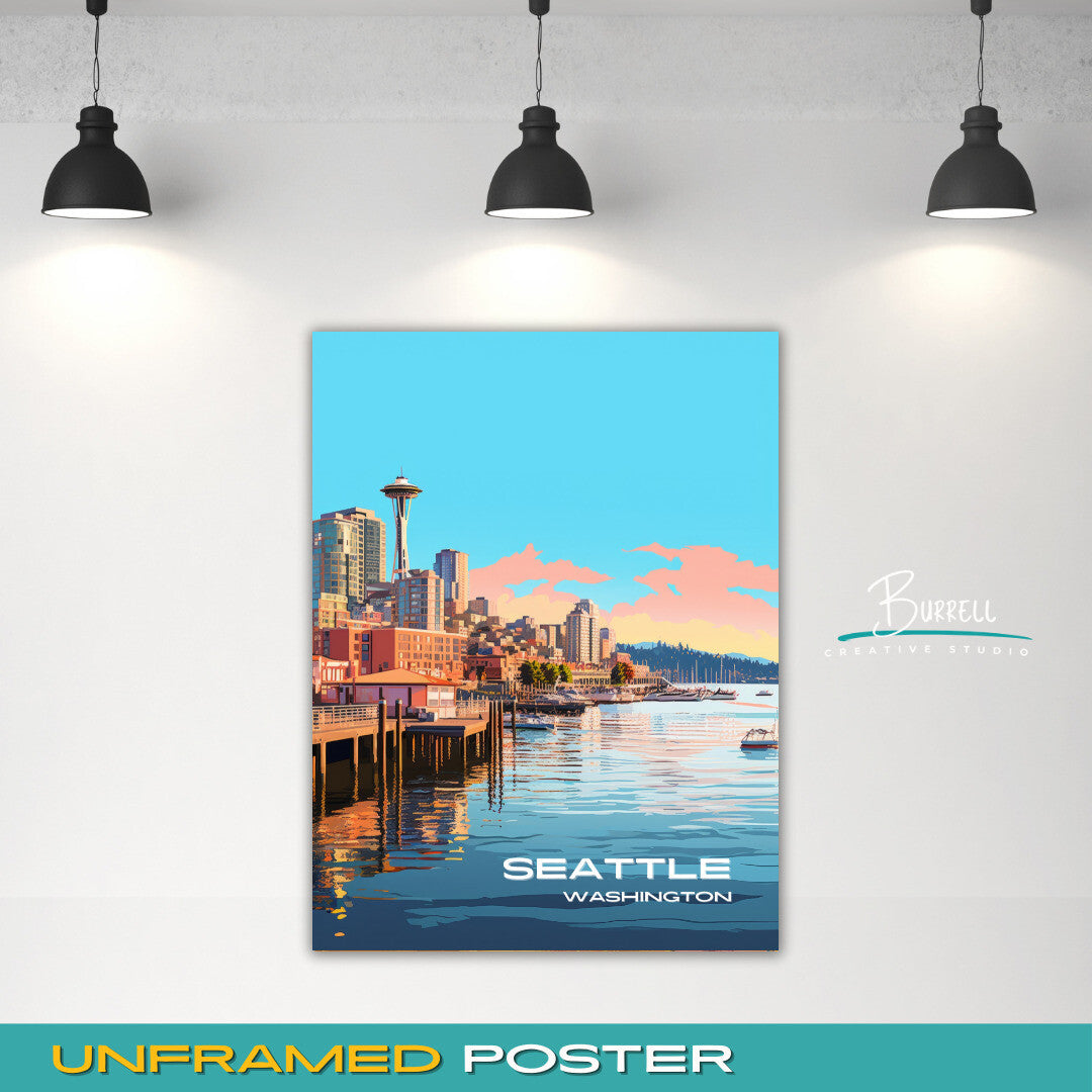 Seattle Washington Waterfront Travel Poster & Wall Art Poster Print