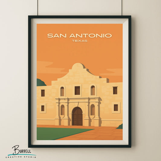 San Antonio Texas Alamo Travel Poster & Wall Art Poster Print