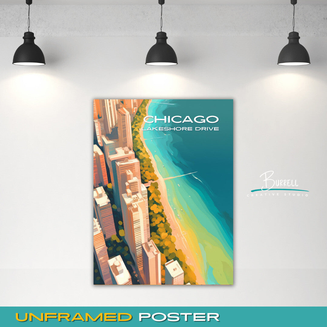 Chicago Illinois Lakeshore Drive Aerial View Travel Poster & Wall Art Poster Print