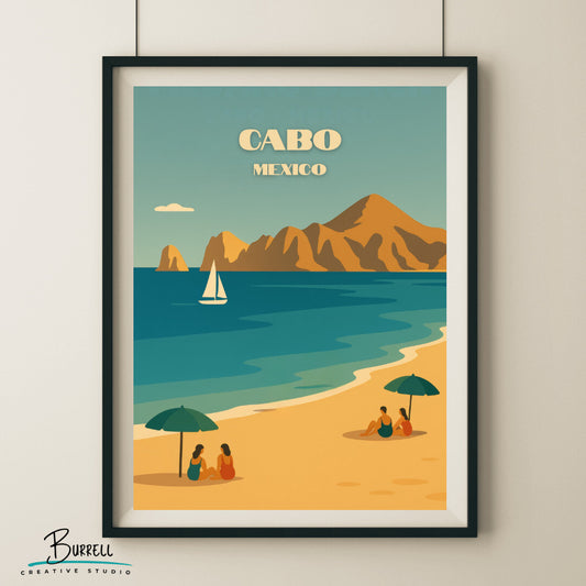 Cabo Mexico Medano Beach Travel Poster & Wall Art Poster Print