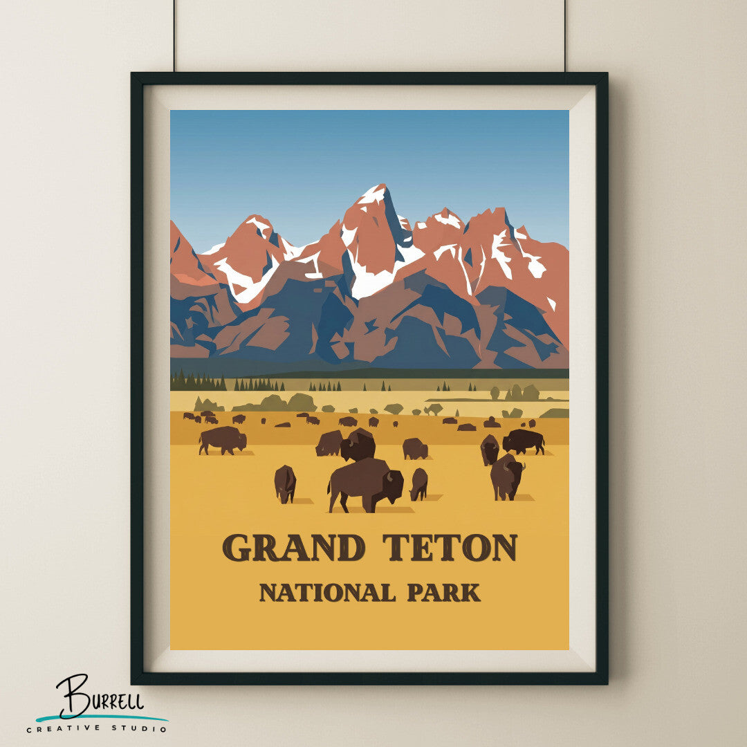 Grand Teton National Park Wyoming Bison Watching Travel Posters & Wall Art Poster Print