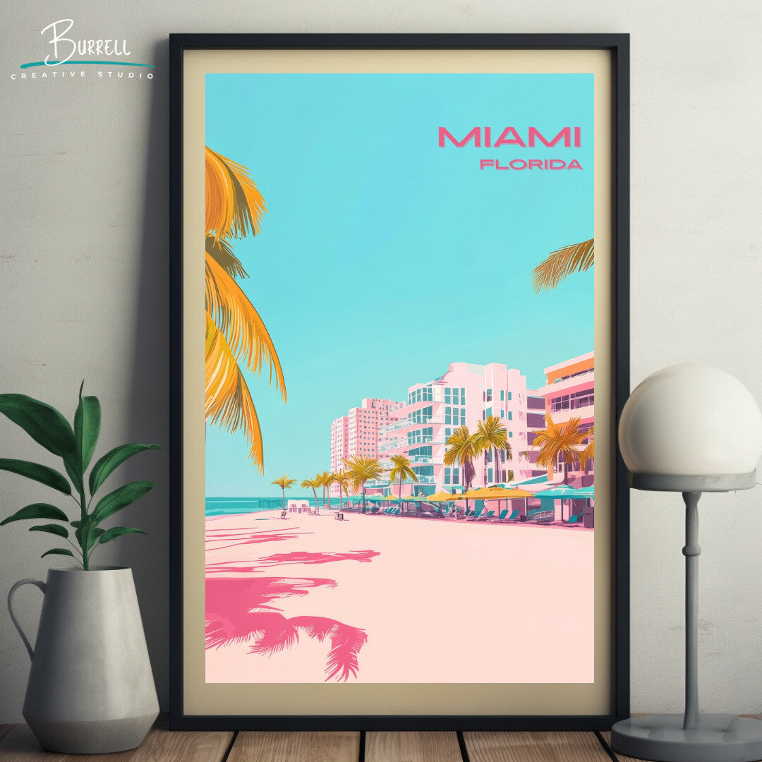 Miami Florida Beach View Travel Poster & Wall Art Poster Print