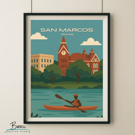 San Marcos Texas Kayaking Travel Poster & Wall Art Poster Print