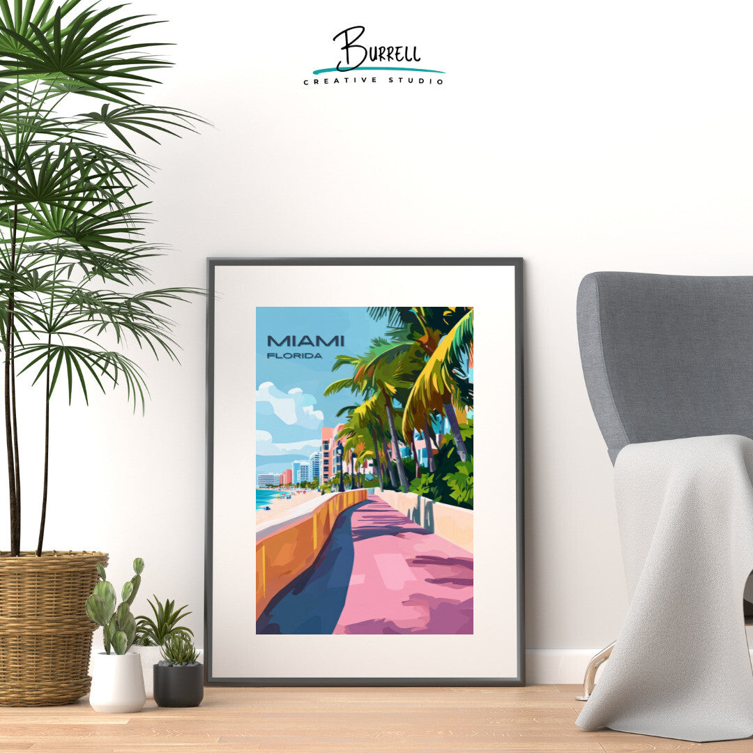 Miami Florida Beach Boardwalk Travel Poster & Wall Art Poster Print