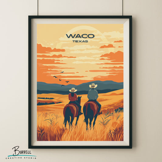 Waco Texas Brazos Bluff Ranch Horseback Riding Travel Poster & Wall Art Poster Print