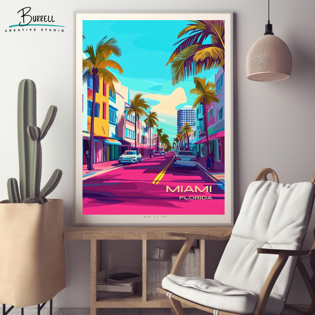 Miami Florida Ocean Drive Travel Poster & Wall Art Poster Print