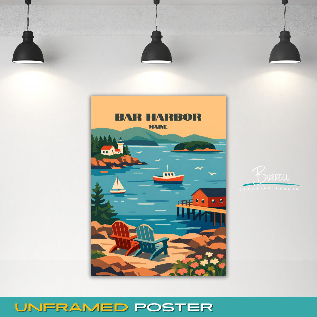 Bar Harbor Maine Coastal View Travel Poster & Wall Art Poster Print