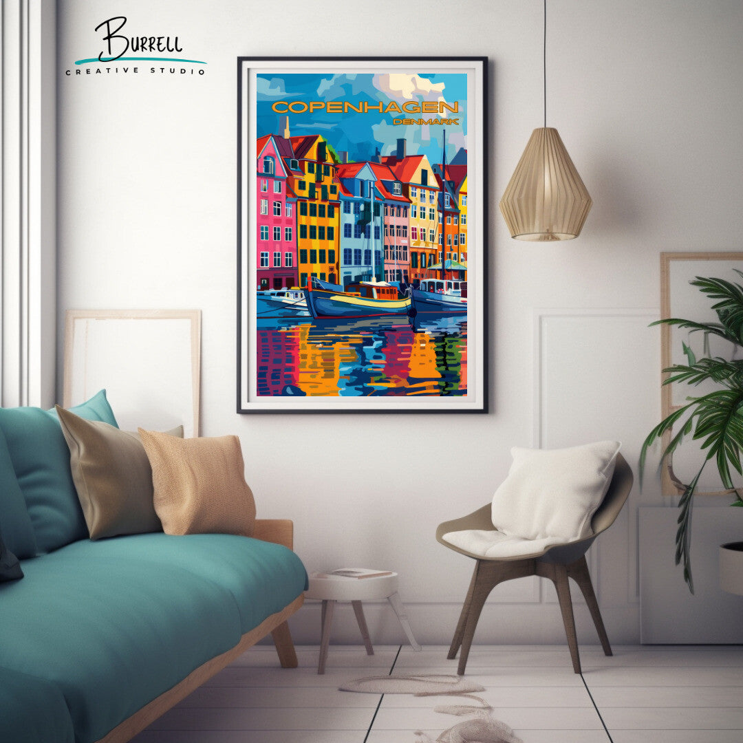 Copenhagen Denmark Nyhavn Harbor Travel Poster & Wall Art Poster Print