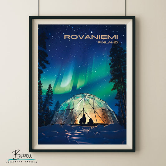 Rovaniemi Finland Northern Lights Travel Poster & Wall Art Poster Print