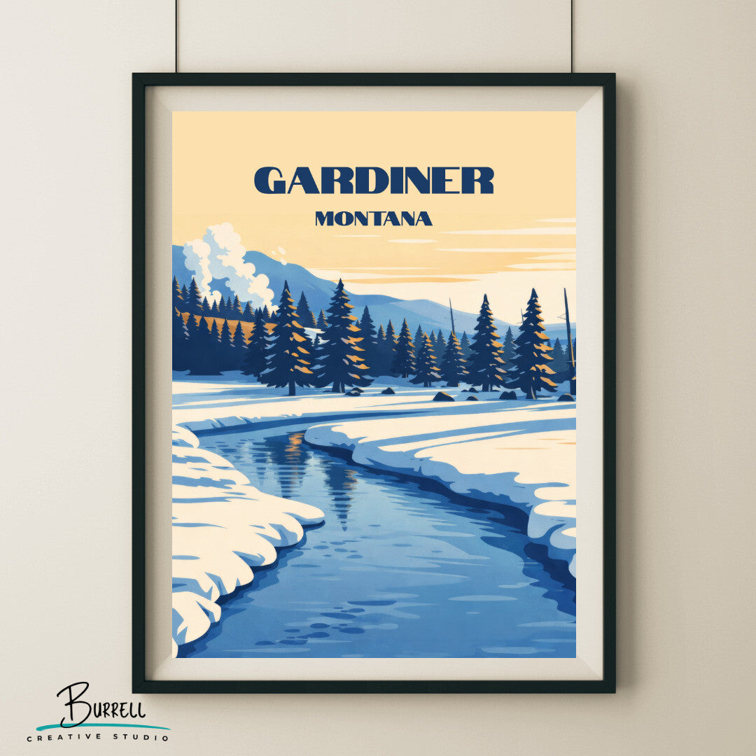 Gardiner Montana Winter Scenery Travel Posters & Wall Art Poster Print