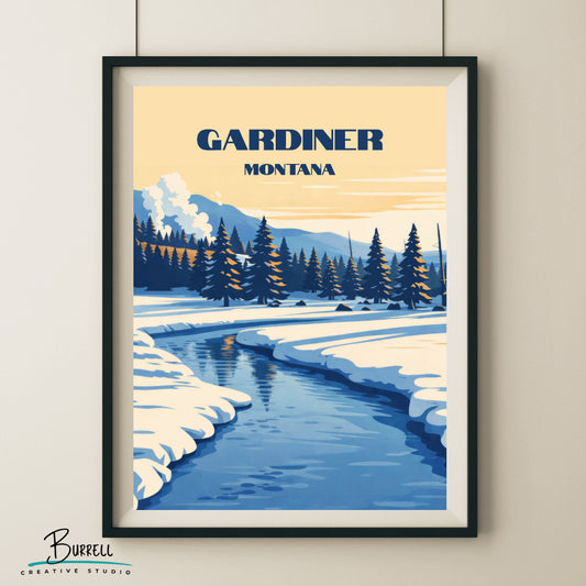 Gardiner Montana Winter Scenery Travel Posters & Wall Art Poster Print