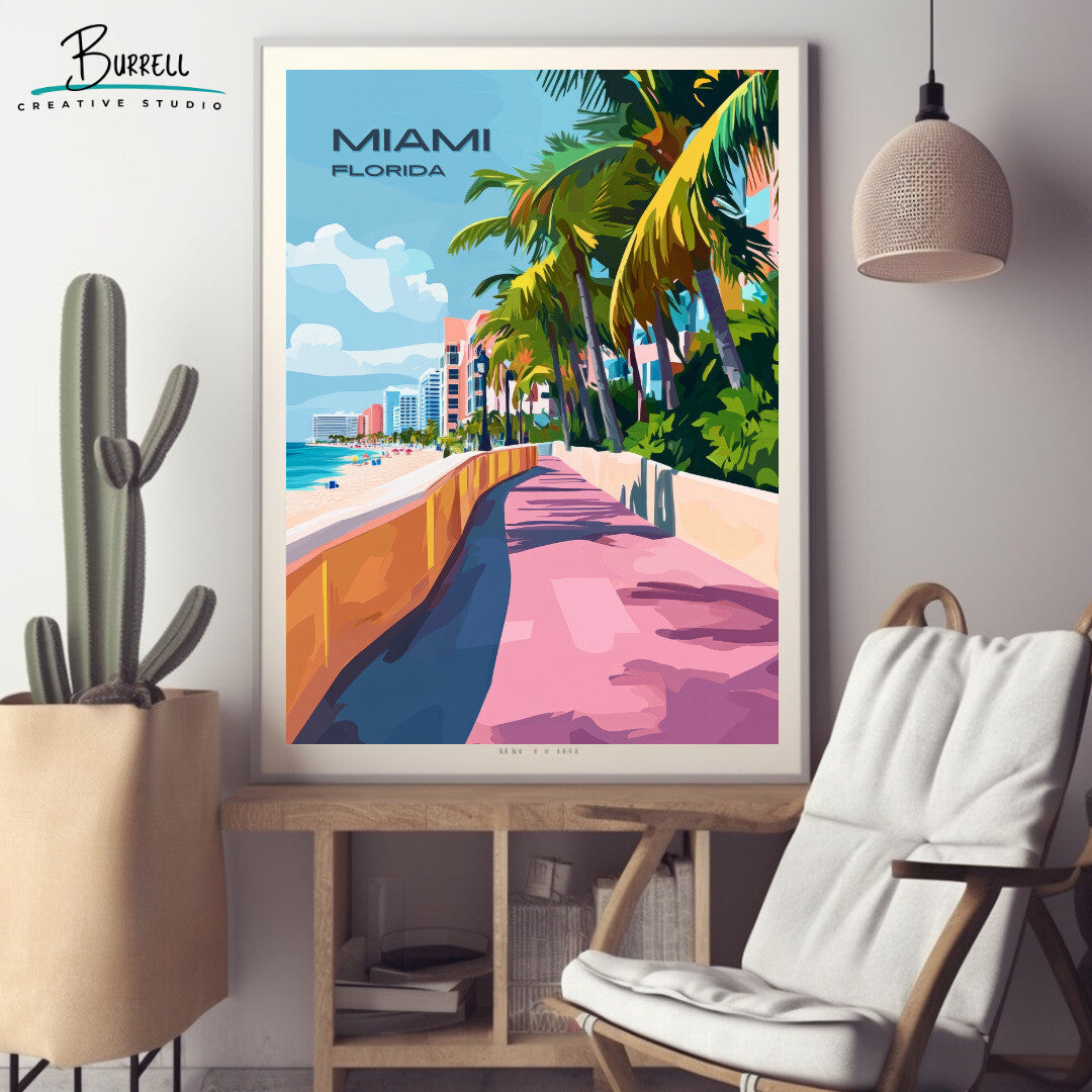 Miami Florida Beach Boardwalk Travel Poster & Wall Art Poster Print