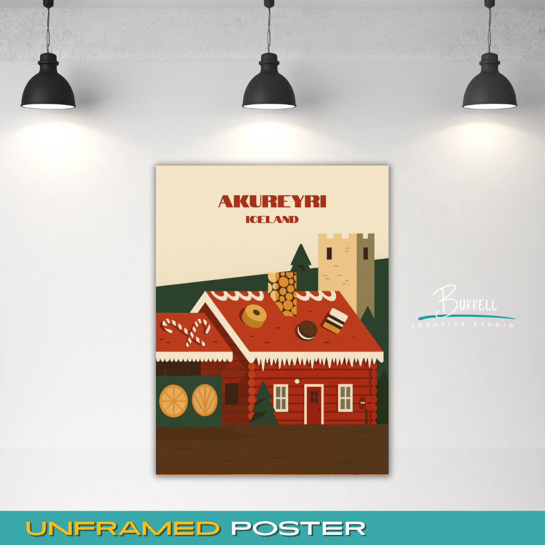 Akureyri Iceland Christmas House Travel Poster & Wall Art Poster Print
