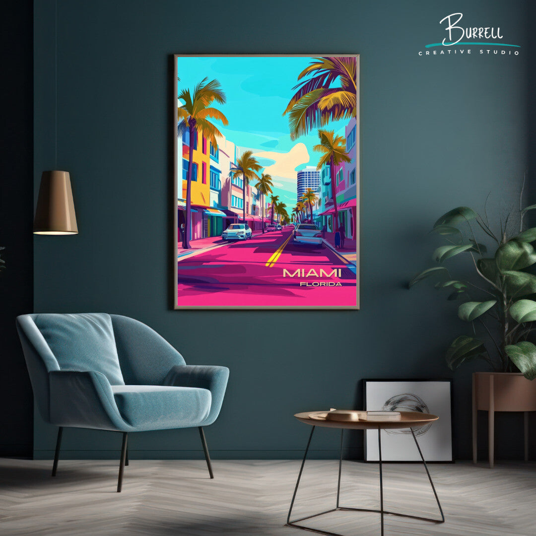 Miami Florida Ocean Drive Travel Poster & Wall Art Poster Print