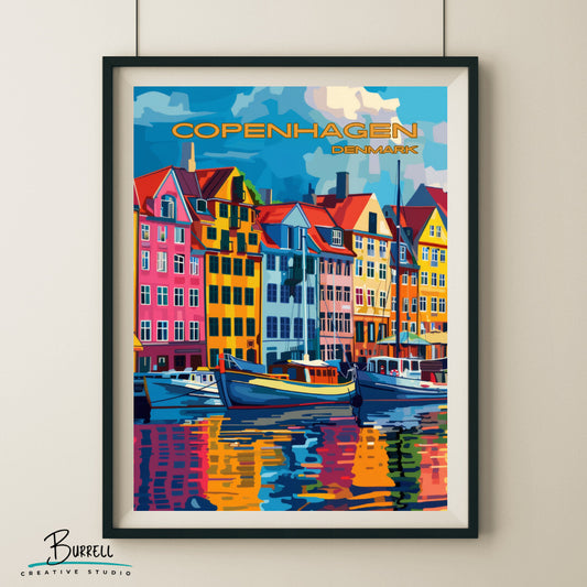 Copenhagen Denmark Nyhavn Harbor Travel Poster & Wall Art Poster Print