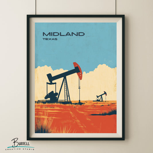 Midland Texas Oil Drilling Travel Poster & Wall Art Poster Print