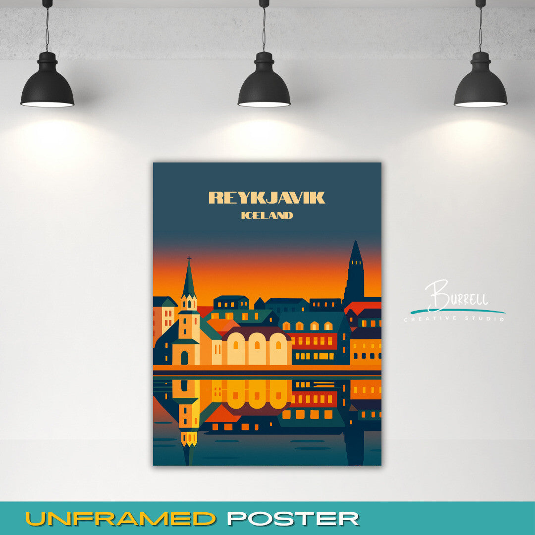 Reykjavik Iceland Tjornin Sunset Travel Poster & Wall Art Poster Print