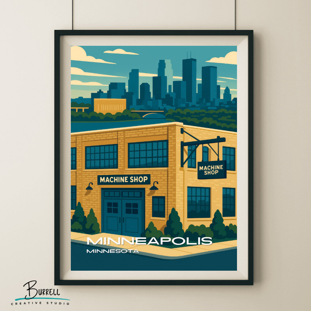 Minneapolis Minnesota Machine Shop Travel Poster & Wall Art Poster Print