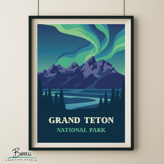 Grand Teton National Park Wyoming Northern Lights Travel Posters & Wall Art Poster Print