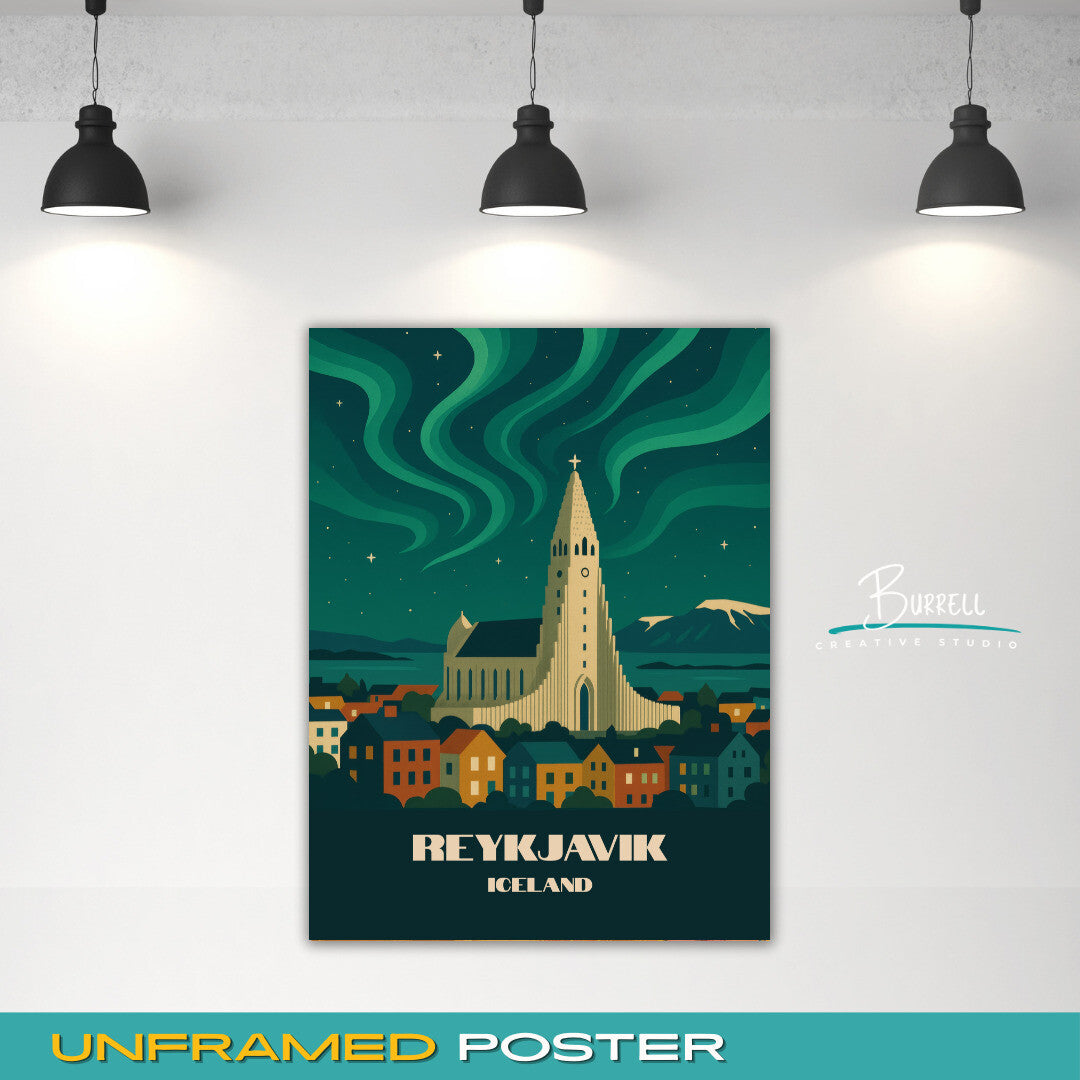 Reykjavik Iceland Northern Lights Travel Poster & Wall Art Poster Print