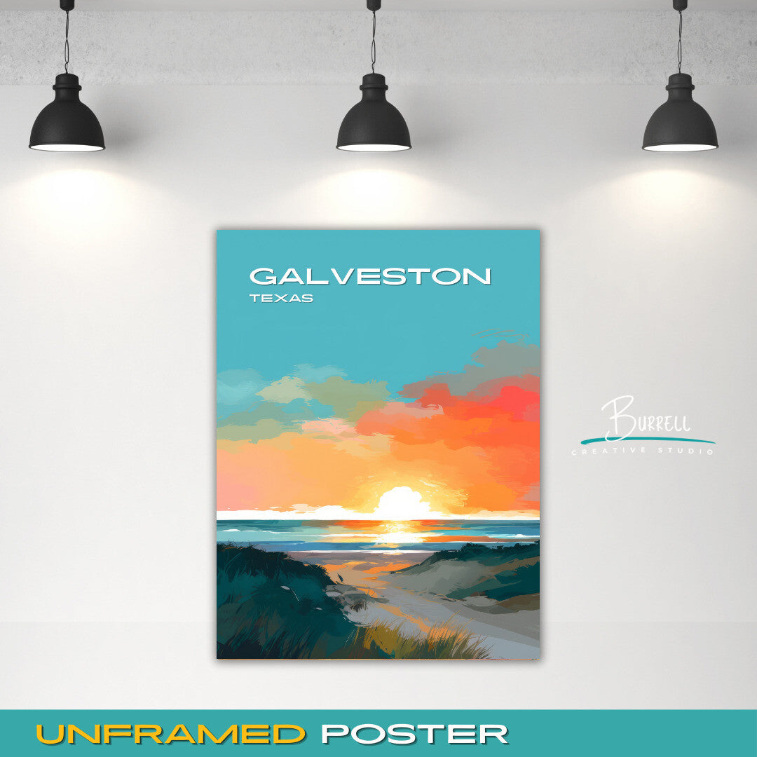 Galveston Texas Beach Sunset Travel Poster & Wall Art Poster Print