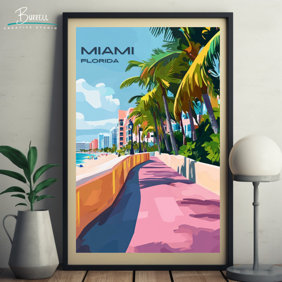 Miami Florida Beach Boardwalk Travel Poster & Wall Art Poster Print