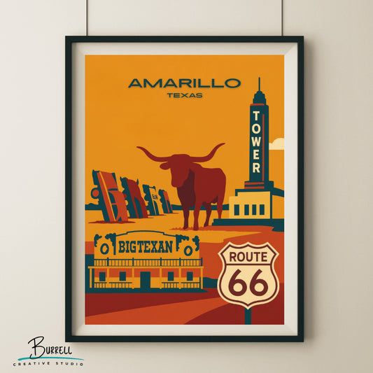 Amarillo Texas Unique Attractions Travel Poster & Wall Art Poster Print