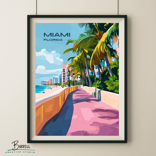 Miami Florida Beach Boardwalk Travel Poster & Wall Art Poster Print