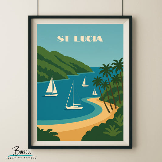 Marigot St Lucia Bay Beach Travel Poster & Wall Art Poster Print