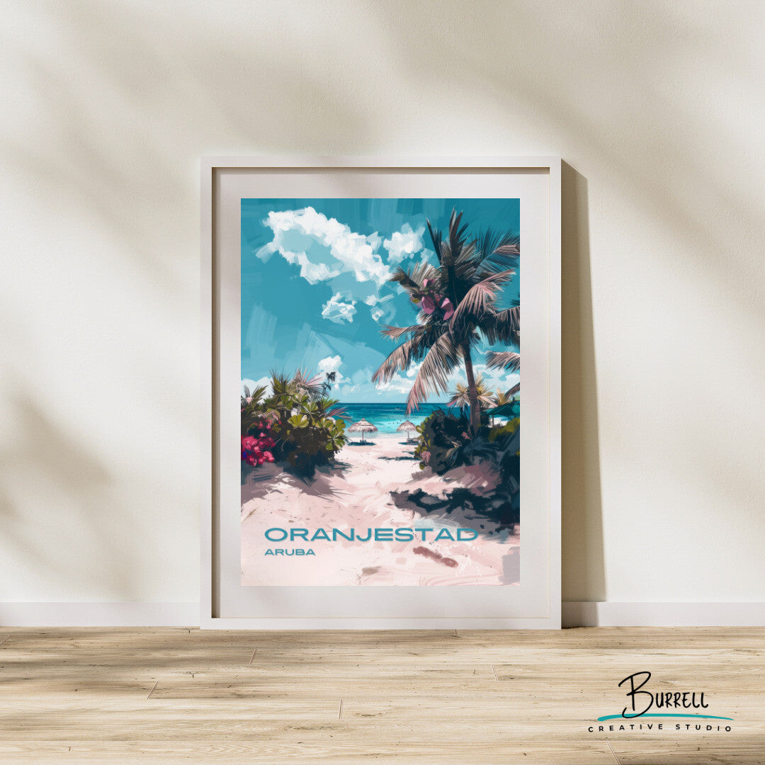 Oranjestad Aruba Beach View Travel Poster & Wall Art Poster Print