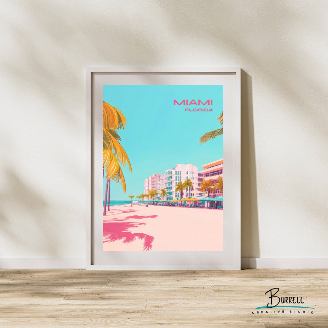 Miami Florida Beach View Travel Poster & Wall Art Poster Print