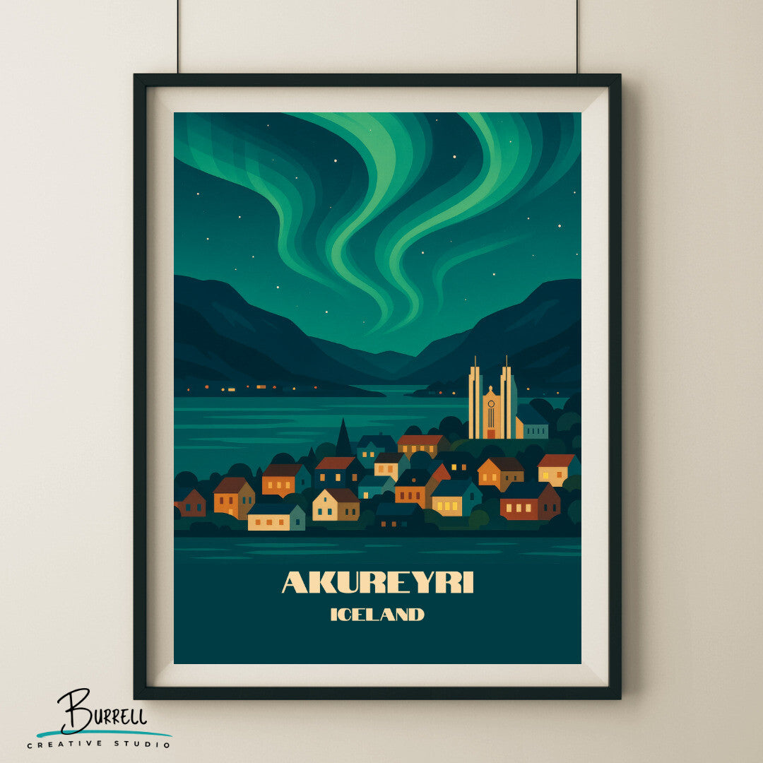 Akureyri Iceland Northern Lights Travel Poster & Wall Art Poster Print