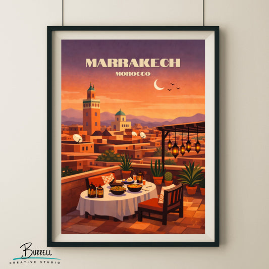 Marrakech Morocco Rooftop Dining Travel Poster & Wall Art Poster Print