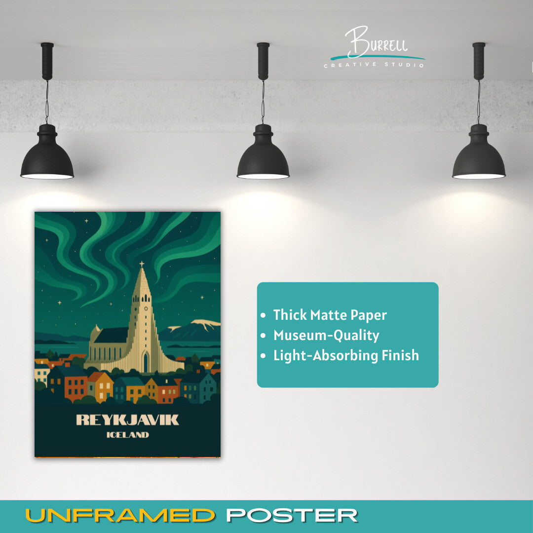 Reykjavik Iceland Northern Lights Travel Poster & Wall Art Poster Print