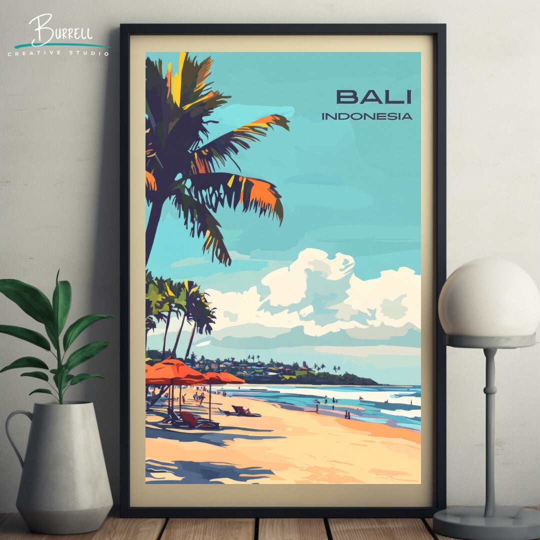 Denpasar Bali Seminyak Beach Travel Poster & Wall Art Poster Print