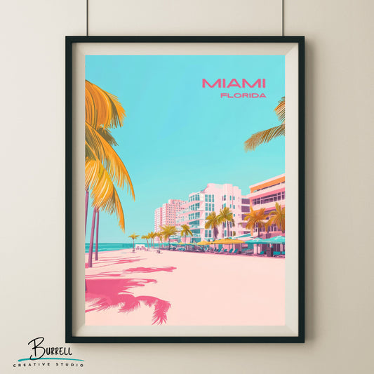 Miami Florida Beach View Travel Poster & Wall Art Poster Print