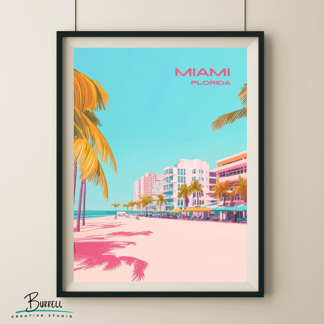 Miami Florida Beach View Travel Poster & Wall Art Poster Print