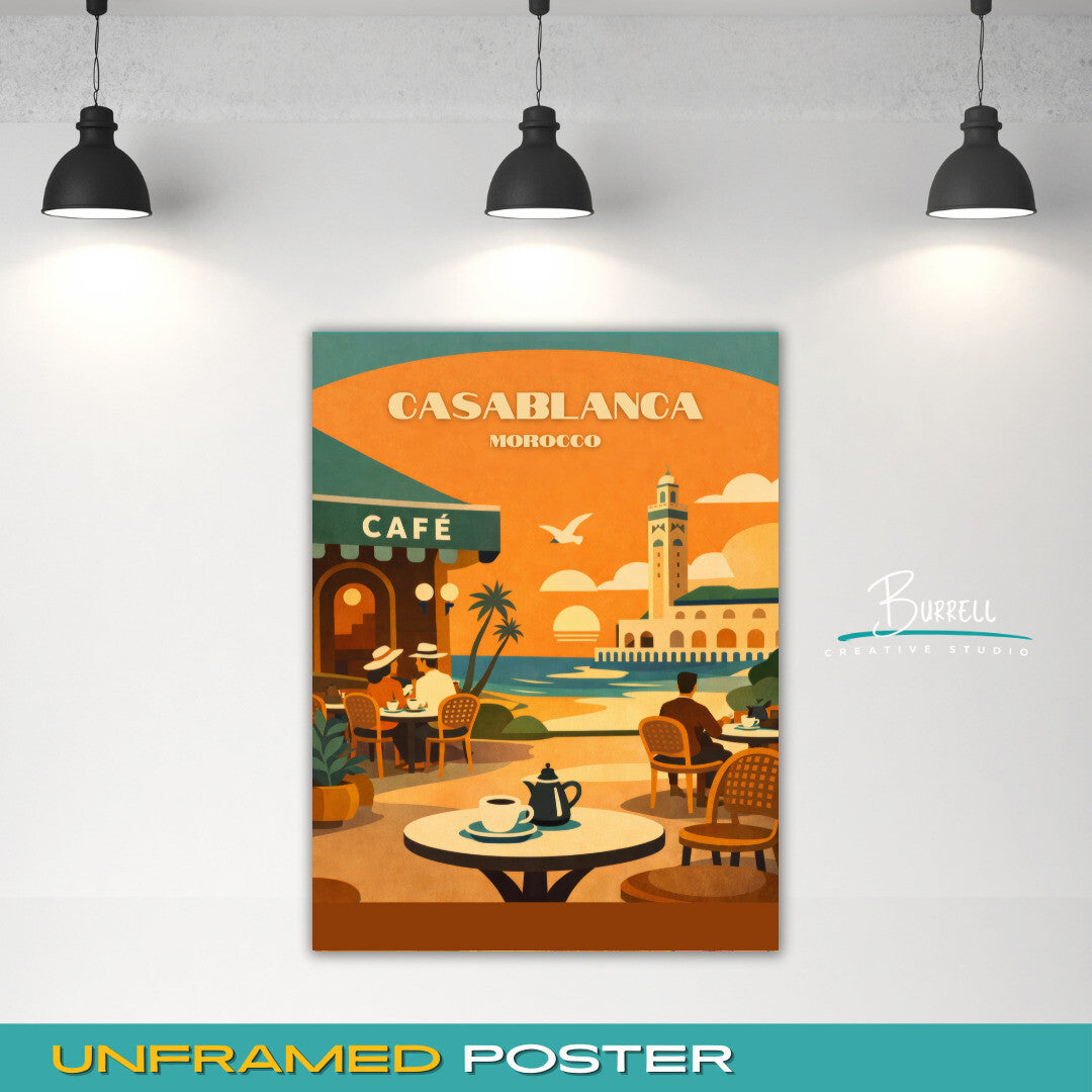Casablanca Morocco Coastal View Travel Poster & Wall Art Poster Print