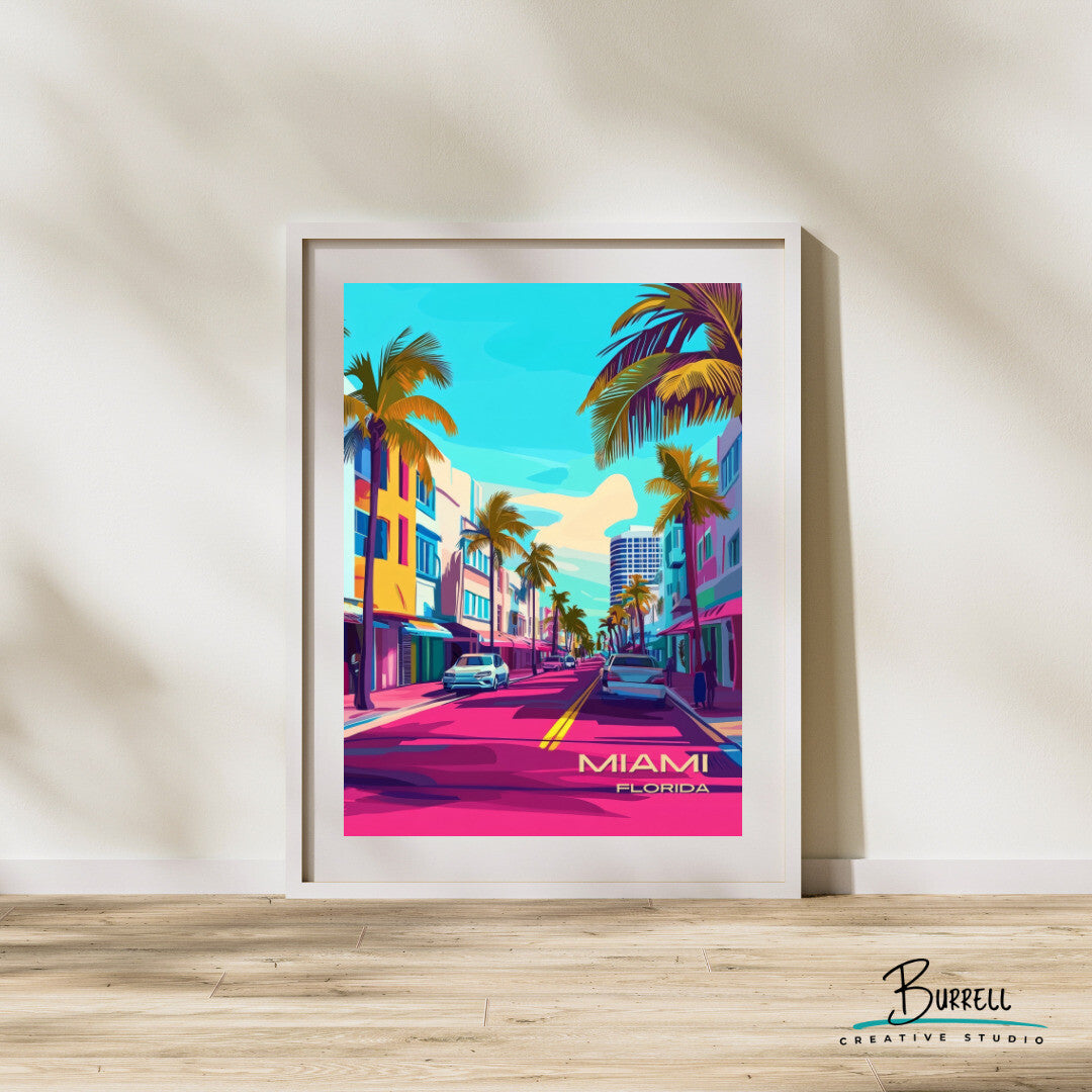 Miami Florida Ocean Drive Travel Poster & Wall Art Poster Print