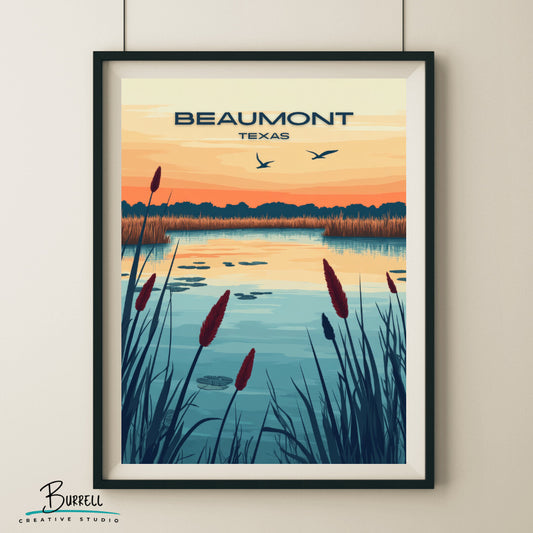 Beaumont Texas Cattail Marsh Sunset Travel Poster & Wall Art Poster Print