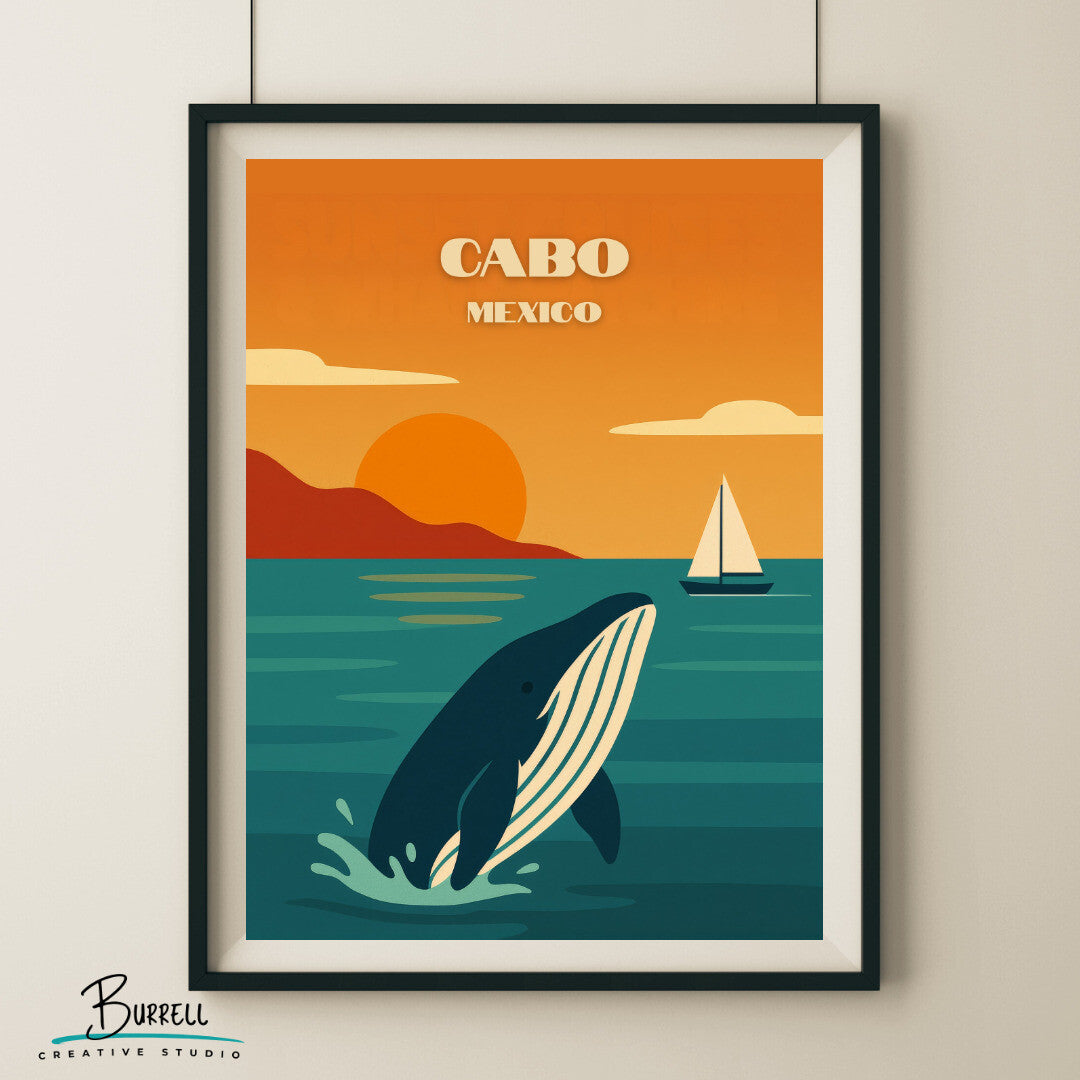 Cabo Mexico Whale Watching Travel Poster & Wall Art Poster Print