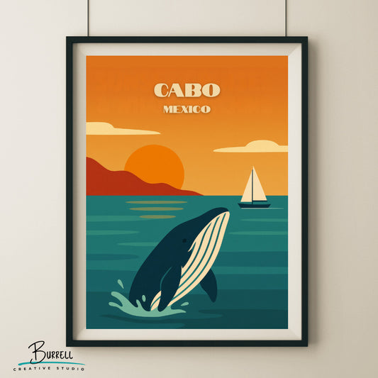 Cabo Mexico Whale Watching Travel Poster & Wall Art Poster Print