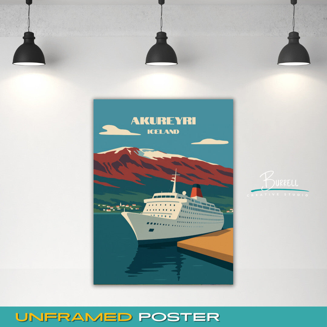 Akureyri Iceland Cruise Ship Port Travel Poster & Wall Art Poster Print