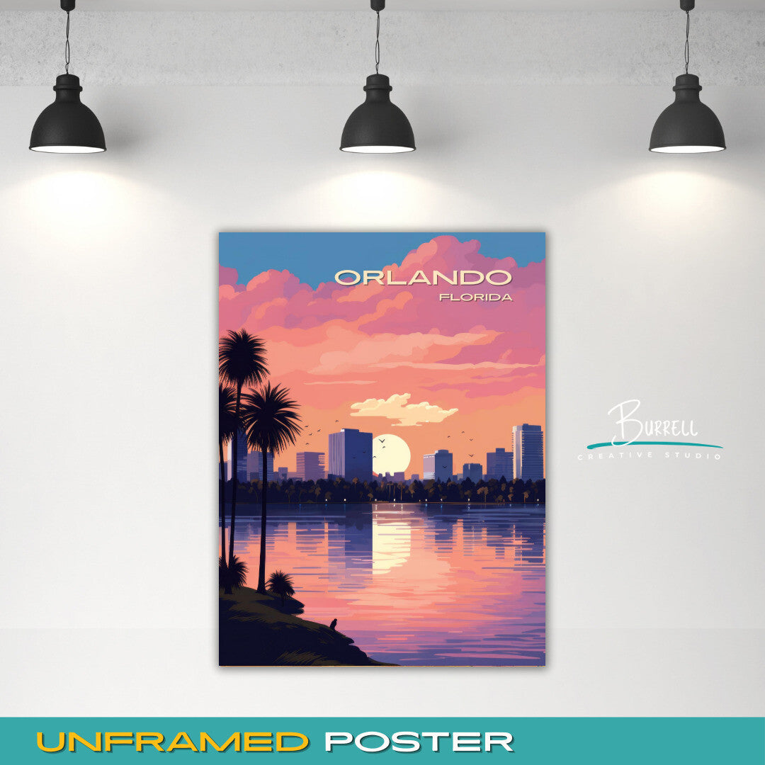 Orlando Florida Skyline Travel Poster & Wall Art Poster Print